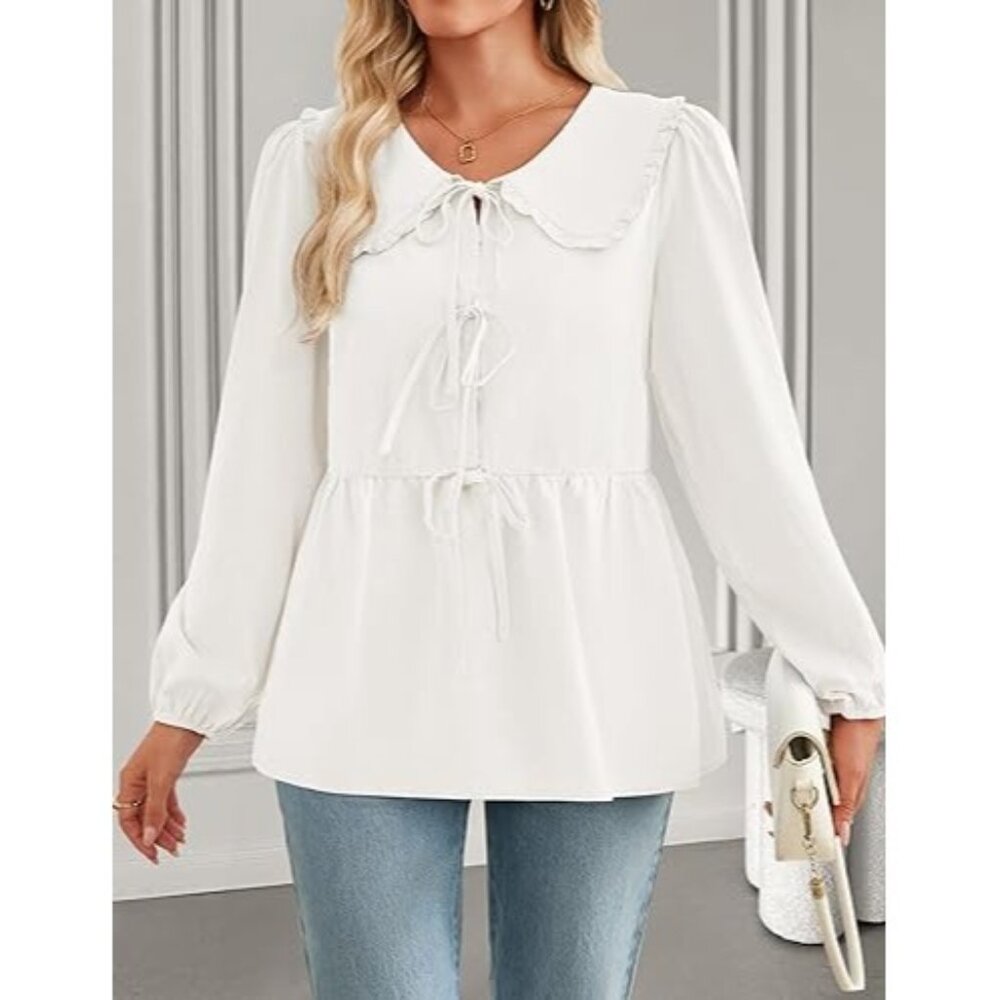 Zesica Women's Tie Front Peplum Blouse Long Puff Sleeve Size S White Lightweight
